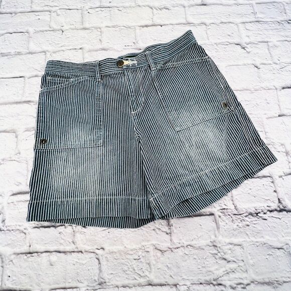 LRL Lauren Jeans Shorts Womans 8 Blue White Striped Anchor Button Cotton - Picture 1 of 10